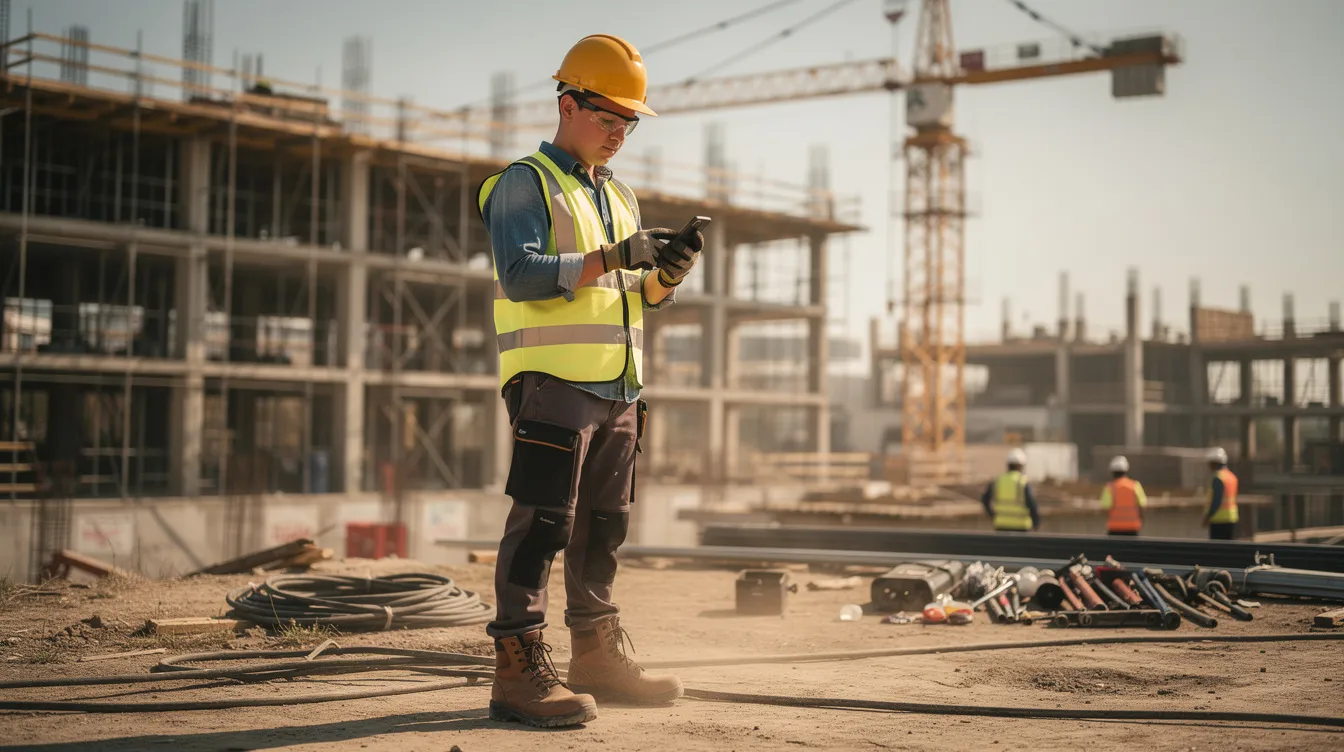 An apprentice on a construction site wearing safety gear and using a smartphone to track his training hours through an apprentice hours tracking software program.