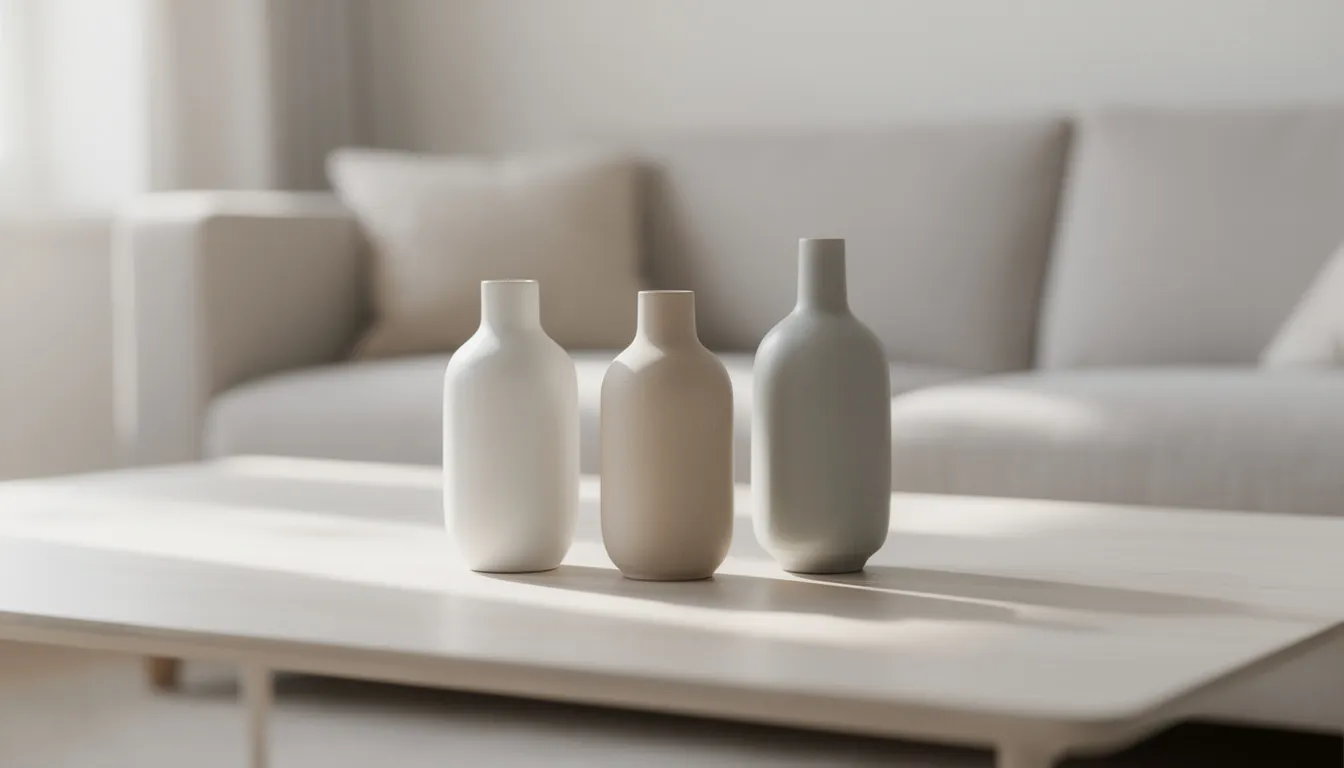 Tre små vackra keramikvaser i olika höjder står grupperade på ett ljust soffbord, vilket skapar en stilren och modern inredningsdetalj i rummet. Vaserna kan användas för att visa upp blommor eller som en dekorativ produkt i hemmet.