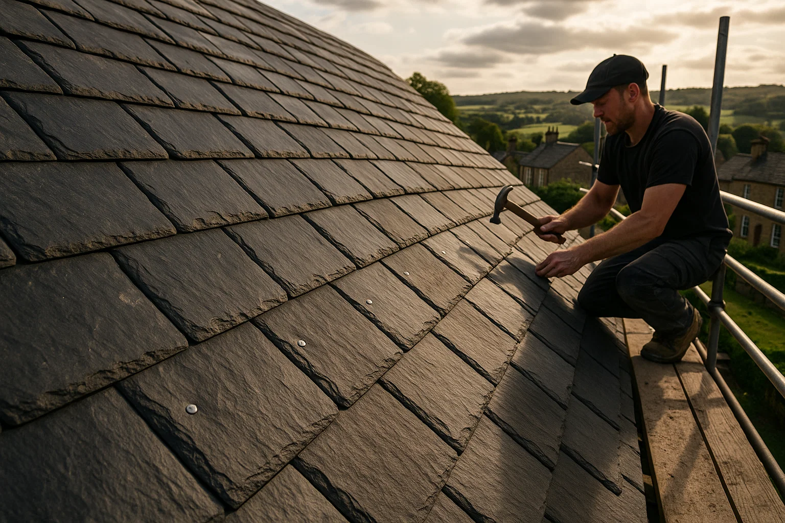 Professional roofer fixing dark natural slate tiles on a pitched UK roof with scaffolding in place.