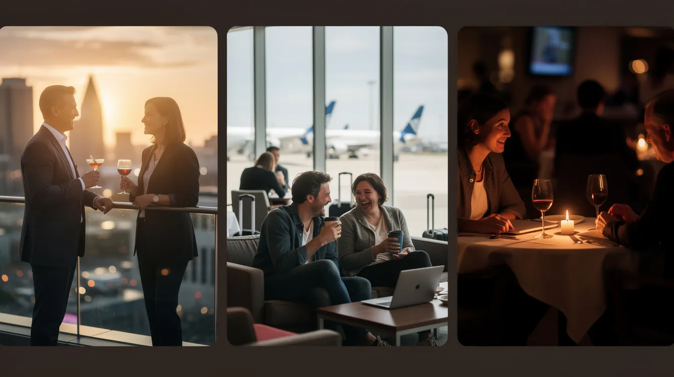 A collage showing rooftop business drinks, an airport lounge, and a candlelit dinner.