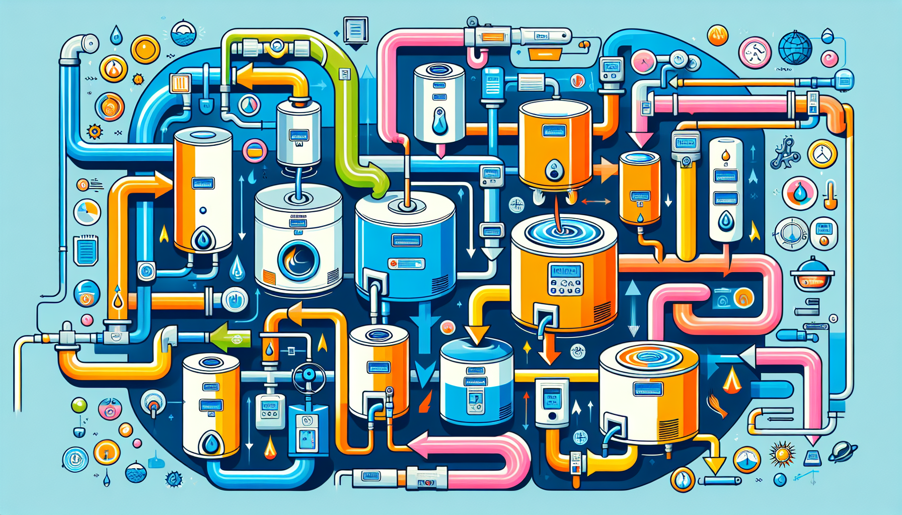 An illustration depicting various gas water heating systems.