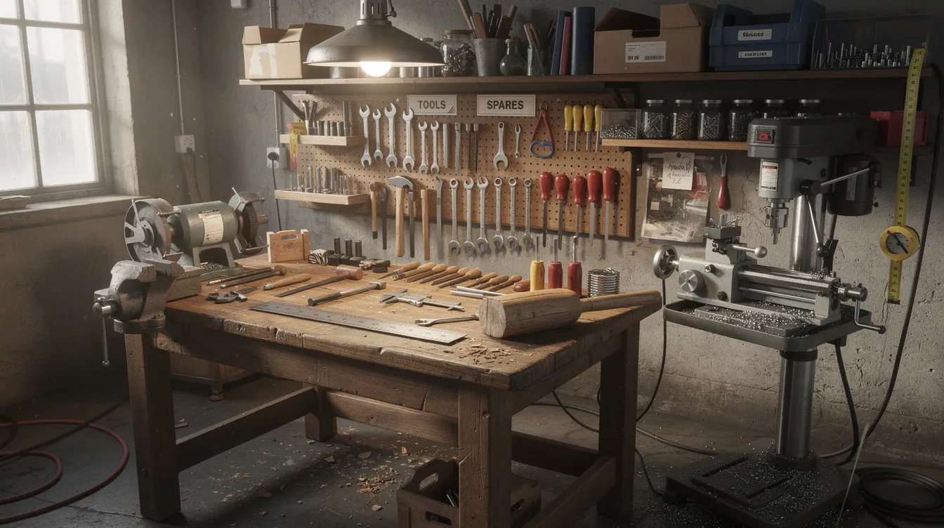 The image depicts a small workshop filled with various tools and machinery, showcasing a space dedicated to commercial manufacturing processes. This environment reflects the practical aspects of a business plan, emphasizing the importance of financial documents and project logistics details for successful operations.