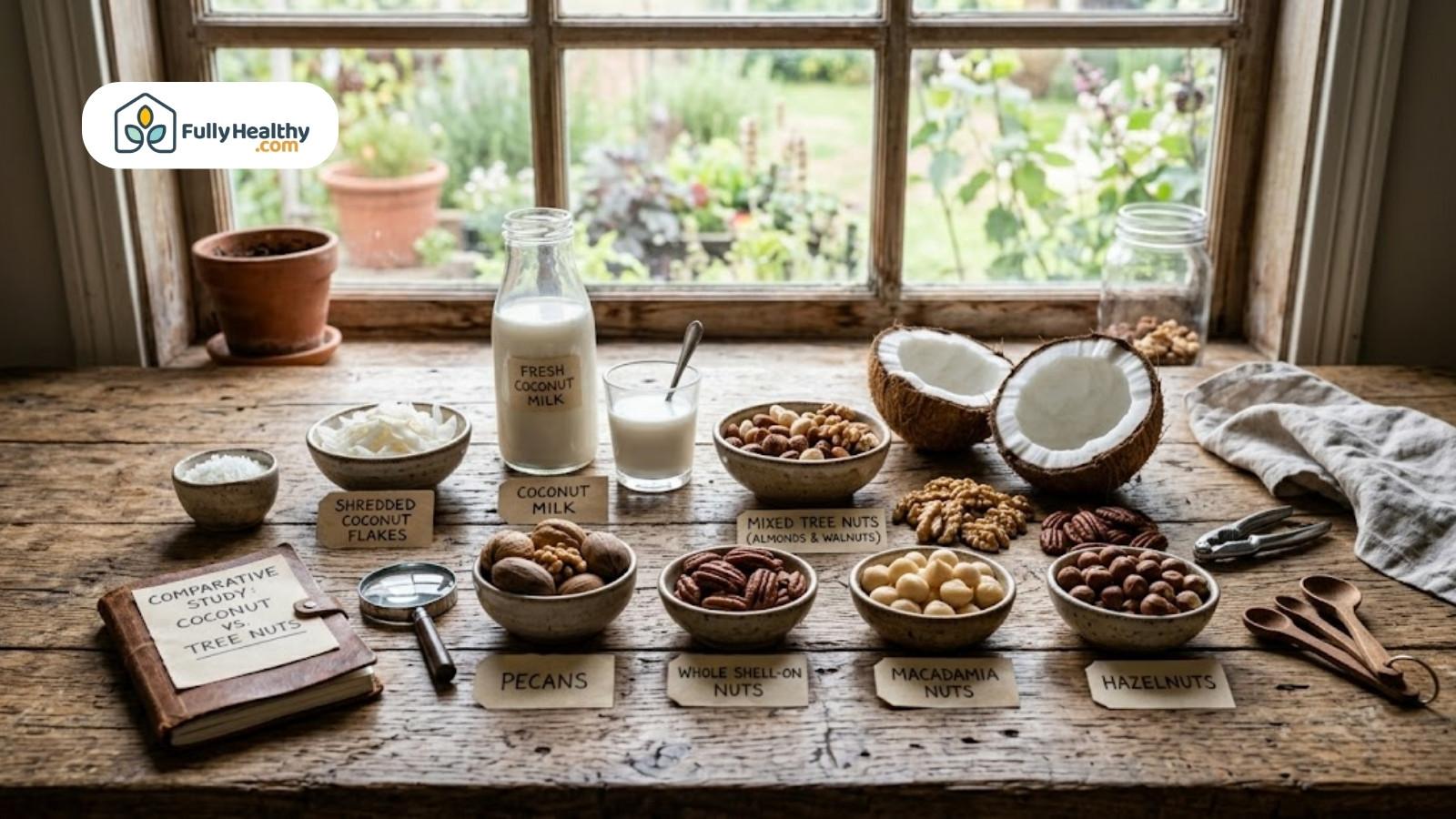 Display comparing coconut products and various tree nuts on wooden table