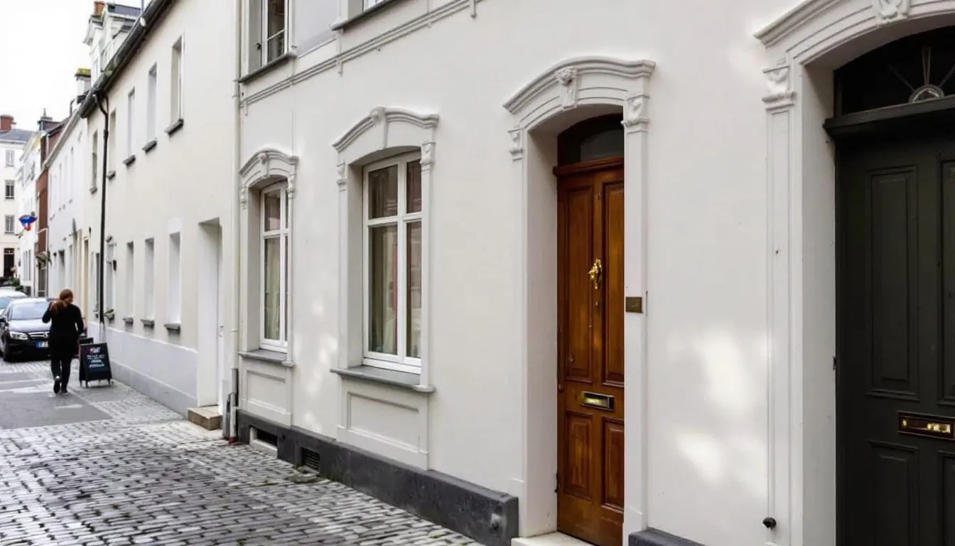 Une façade de maison nantaise traditionnelle, récemment rénovée avec une peinture claire, met en valeur l'architecture locale. Cette rénovation témoigne du savoir-faire des peintres à Nantes, offrant une touche moderne tout en respectant l'histoire du bâtiment.
