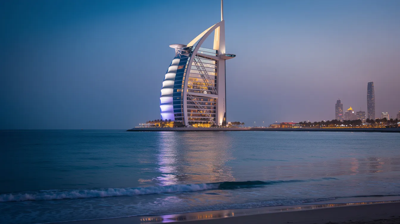 A imagem mostra o icônico Burj Al Arab, um luxuoso hotel em forma de vela localizado em Dubai, nos Emirados Árabes Unidos. O edifício se destaca na costa do Golfo Pérsico, simbolizando o estilo de vida opulento da região e atraindo turistas de todo o mundo.