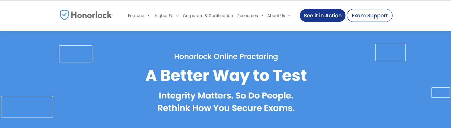 Honorlock homepage promoting AI-powered online proctoring software for secure exam monitoring and academic integrity.