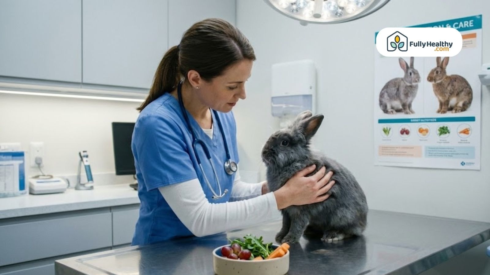 Vet examining gray rabbit with grapes and veggies on clinic table
