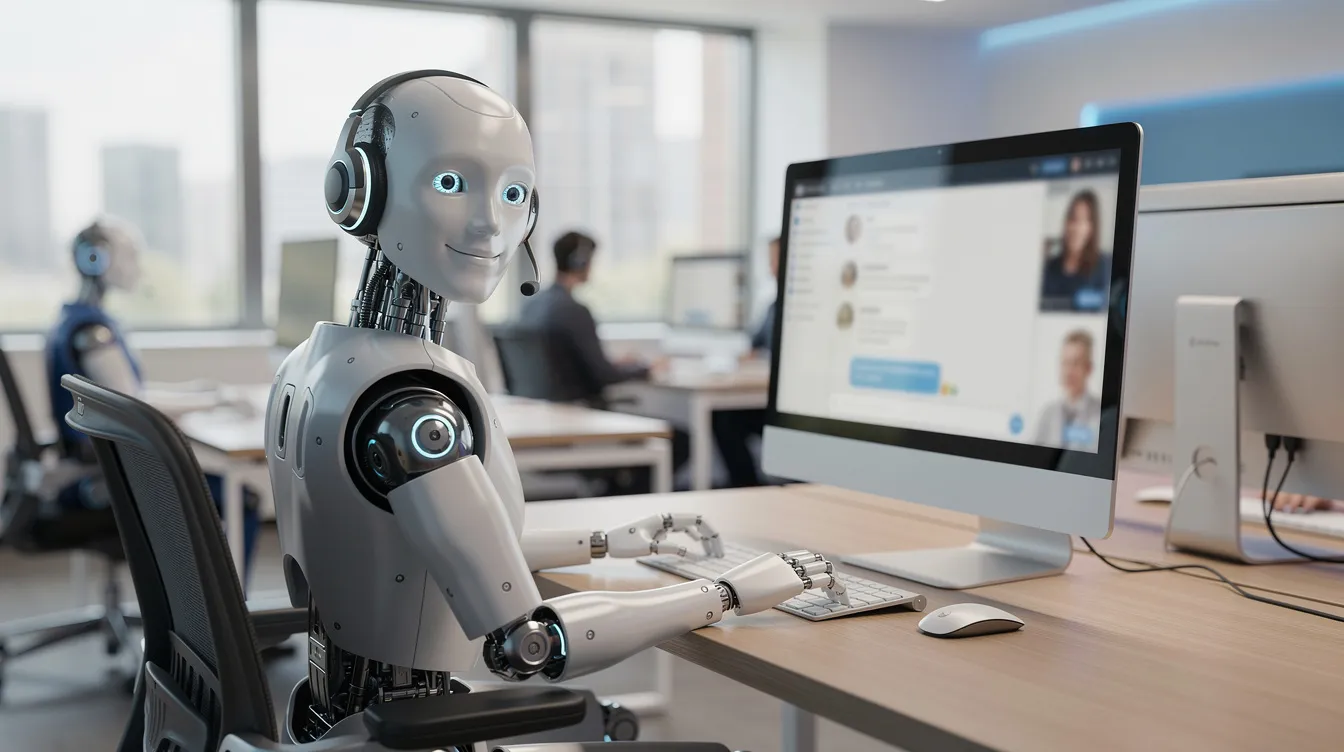 The image features a friendly robot wearing a headset, situated in a modern customer service office environment, symbolizing the role of an AI agent in customer support. This autonomous AI agent appears ready to assist, highlighting the integration of advanced technology in enhancing user experience and task efficiency.