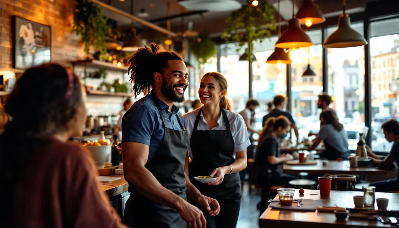 In the image, a group of happy employees in a restaurant is seen engaging with each other, showcasing high employee satisfaction and a supportive work environment. Their smiles and interactions reflect a positive company culture that boosts employee morale and enhances overall job satisfaction.
