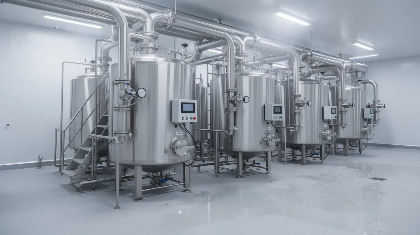 The image depicts industrial stainless steel tanks and intricate piping systems within a dairy processing facility, essential for the production of whey protein and other dairy products. This setup highlights the machinery and technology requirements necessary for whey protein manufacturing, emphasizing the facility's role in the global whey protein market.