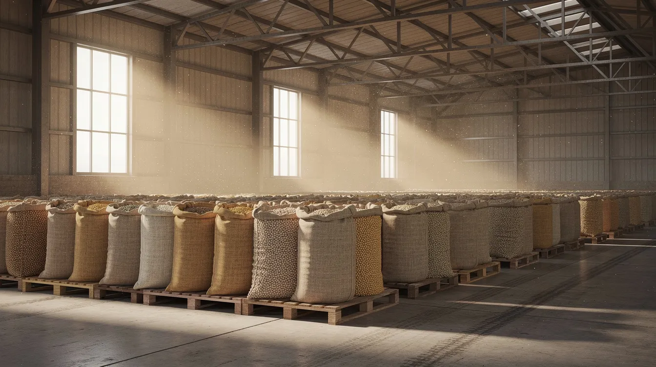 The image depicts an industrial warehouse filled with rows of jute bags containing various types of pulses, including chickpeas, lentils, and pigeon peas, illuminated by natural light streaming through high windows. This setting highlights the pulse processing sector, emphasizing the importance of processed pulse commodities in sustainable food production and the growing global pulses market.