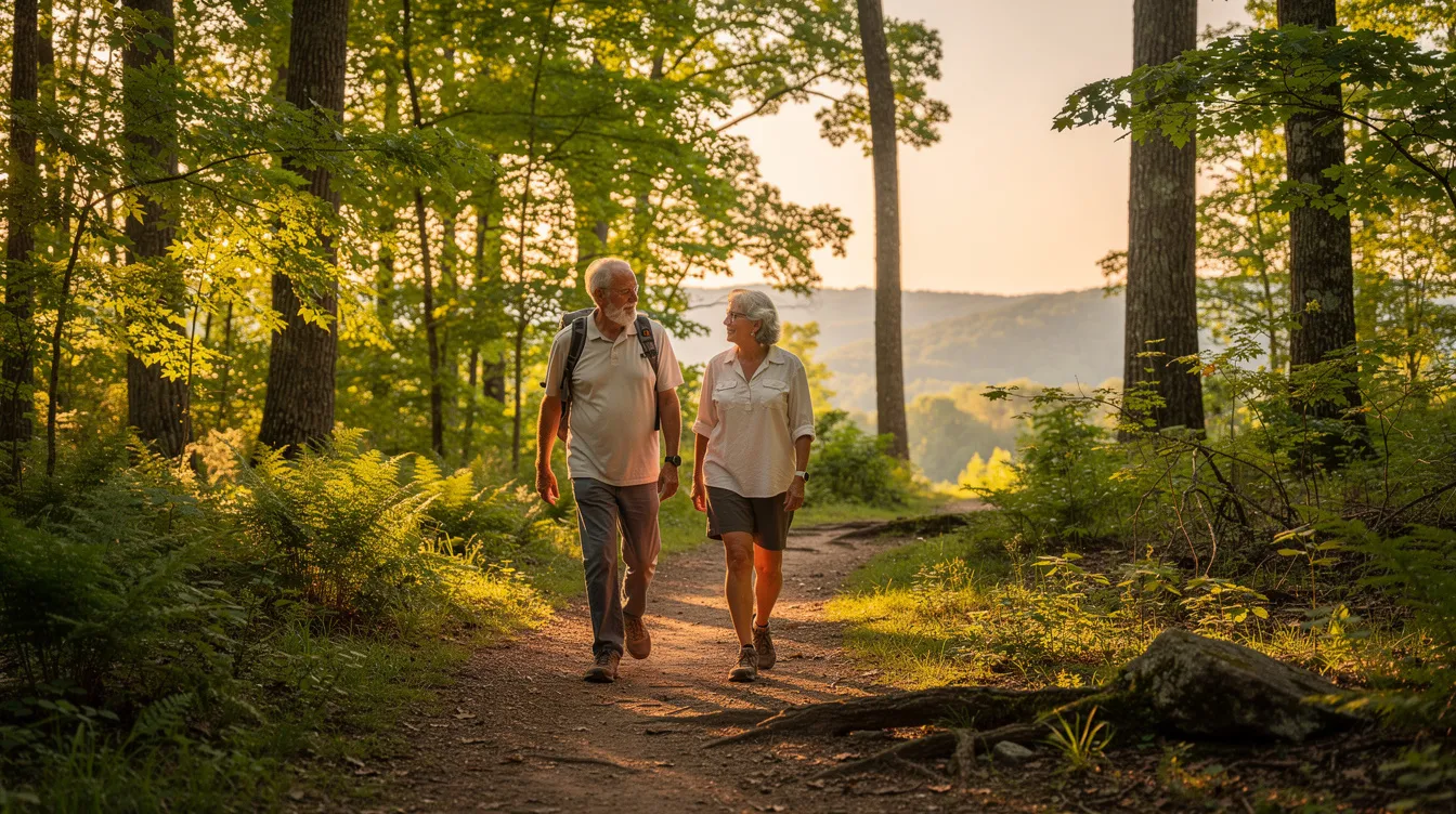 A retired couple strolls hand in hand along a peaceful trail in Northwest Arkansas, enjoying their retirement and the beauty of nature. This serene setting reflects their retirement savings strategy, allowing them to embrace a fulfilling lifestyle while managing their retirement accounts.