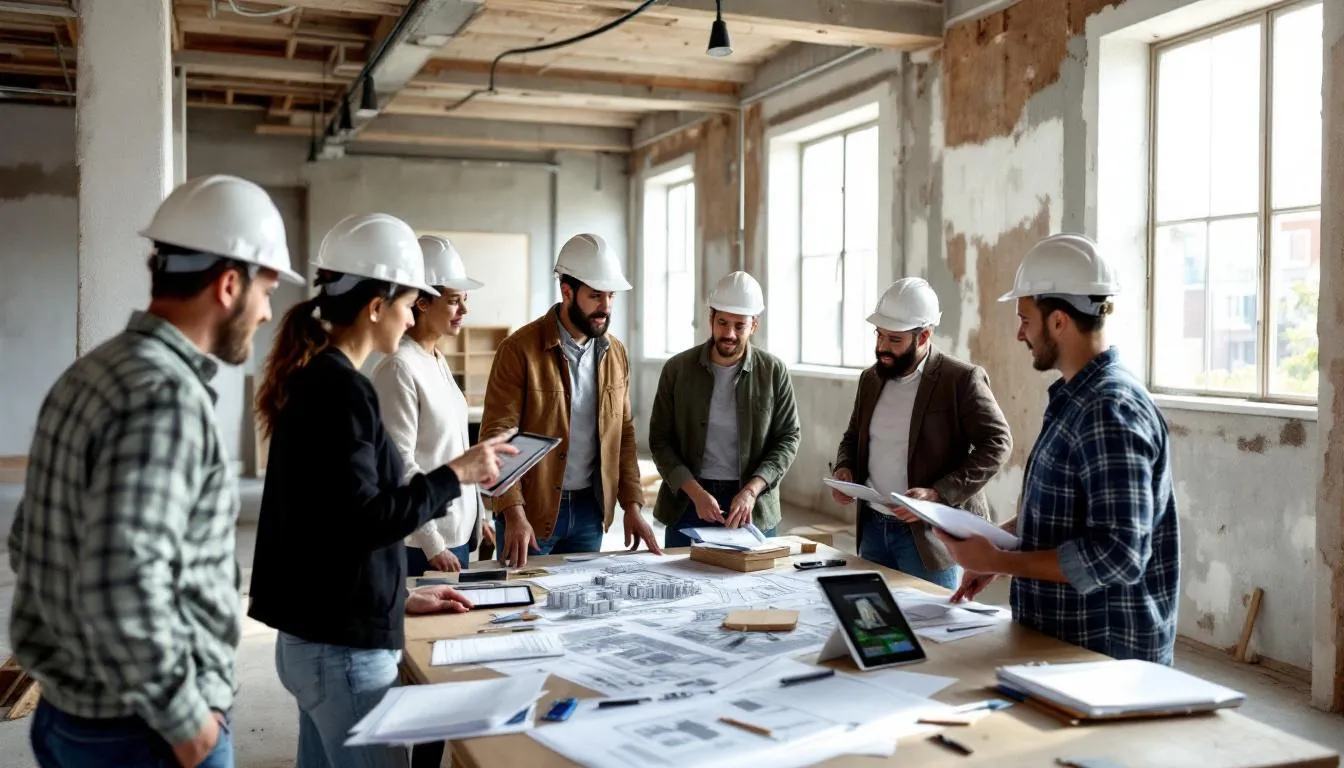 In de afbeelding is een bijeenkomst te zien waarbij bewoners en projectmanagers samen de voortgang van renovatieprojecten bespreken. Ze bekijken plannen die gericht zijn op procesondersteuning en collectieve verduurzaming van bestaande woningen, met aandacht voor energiebesparende isolatiemaatregelen.