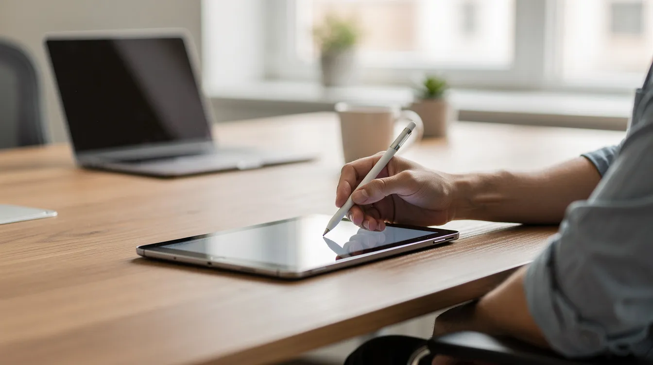 Eine Person sitzt an einem Schreibtisch und tippt mit einem Stift auf einem Tablet, während sie möglicherweise in der Goodnotes-App arbeitet, um Notizen zu erstellen oder Dateien zu organisieren. Der Hintergrund zeigt einen ordentlichen Arbeitsplatz, der für produktives Arbeiten geeignet ist.