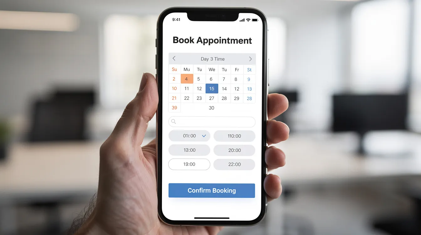The image depicts a smartphone screen displaying an online appointment booking form, where users can select a date and time for plumbing services. This form is designed for homeowners to request free plumbing estimates, helping them schedule repairs for various plumbing projects efficiently.