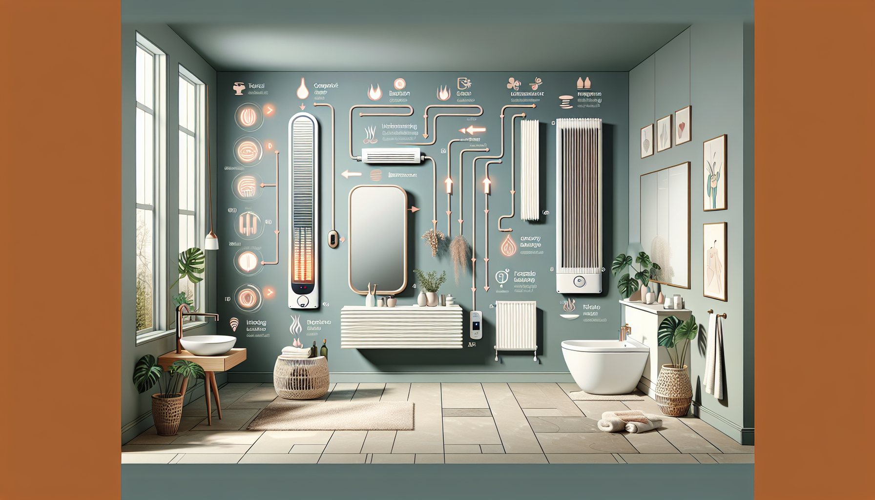 An illustration showing different bathroom heater options for various bathroom sizes.