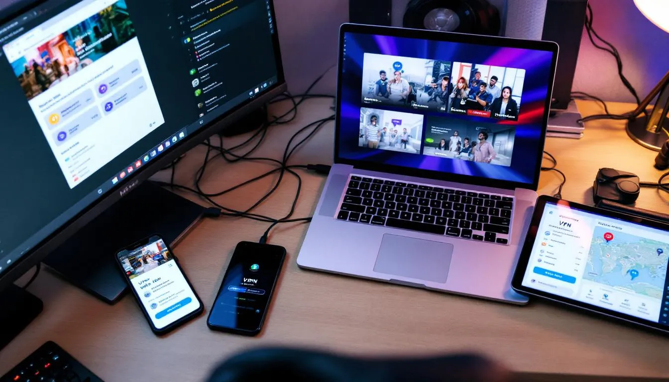 In the image, a modern streaming setup is displayed with multiple devices, including an Apple TV and smart TVs, all showing VPN connections. This setup highlights the use of a virtual private network to securely stream content from various streaming services while ensuring private internet access and stable connections.