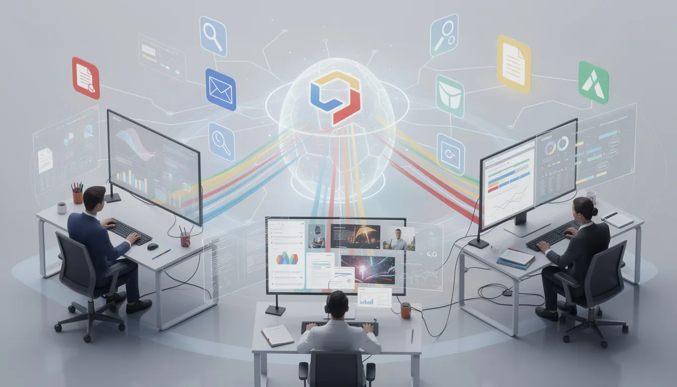 The image showcases Google's AI technology, emphasizing its Gemini model, which enhances user interaction with information through advanced features like multi-step reasoning and planning. This visual representation highlights the integration of generative AI in search results, allowing users to explore complex questions and discover relevant information efficiently.
