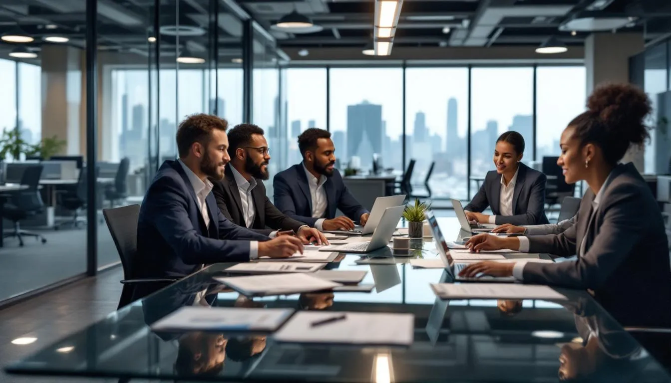 A diverse team of business professionals collaborates in a sleek, modern office space, discussing strategies and sharing ideas. Their teamwork emphasizes the importance of key employees in maintaining business continuity and the potential need for key person insurance to protect against financial loss in the event of a key individual's untimely death or disability.