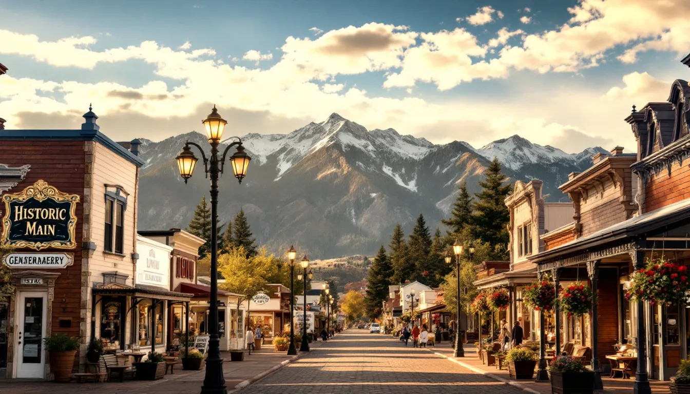The image depicts Historic Main Street in Parowan, showcasing charming storefronts and vintage lamp posts, with a stunning mountain backdrop that adds to the town's beauty and charm. This picturesque scene is a perfect representation of southern Utah, inviting guests to explore local shops and enjoy their stay in nearby hotels and accommodations.