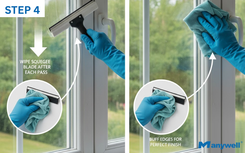 Gloved hand using squeegee and cloth