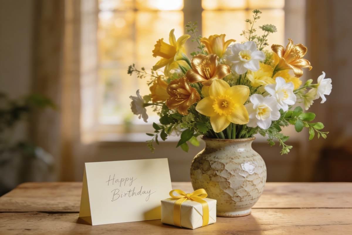 A luxurious March birthday flower arrangement with daffodils, jonquils, and narcissus in a ceramic vase