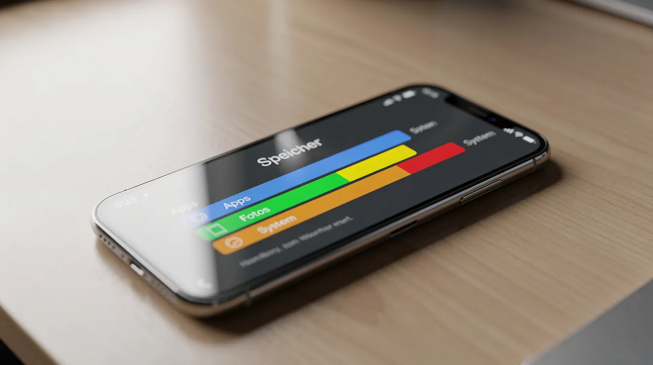 Eine Nahaufnahme eines Smartphones liegt auf einem Schreibtisch und zeigt eine Speicheranzeige mit einem bunten Balkendiagramm, das die verschiedenen Bereiche wie App-Daten, Safari-Daten und andere Datenmengen visualisiert. Diese Darstellung hilft, den verfügbaren Speicherplatz auf dem iPhone zu verstehen und gegebenenfalls Systemdaten zu löschen, um die Leistung zu optimieren.