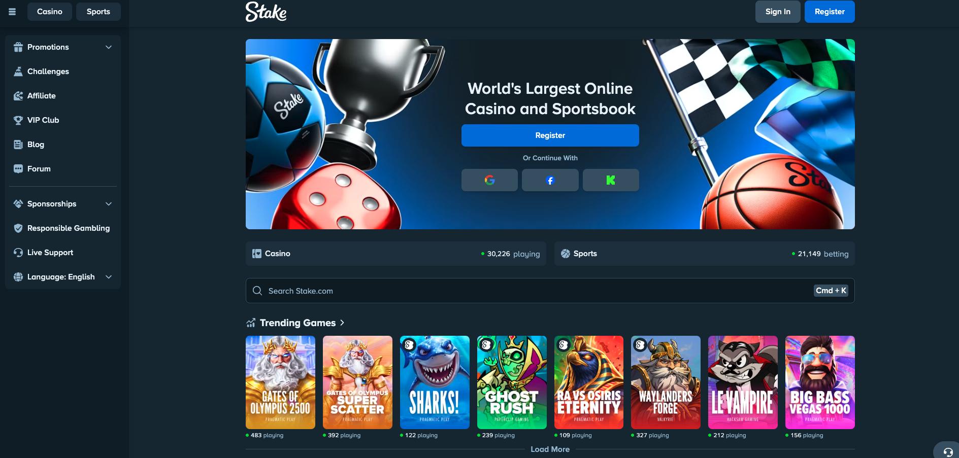 Stake sportsbook and casino homepage featuring sports betting, casino games and cryptocurrency gambling options.