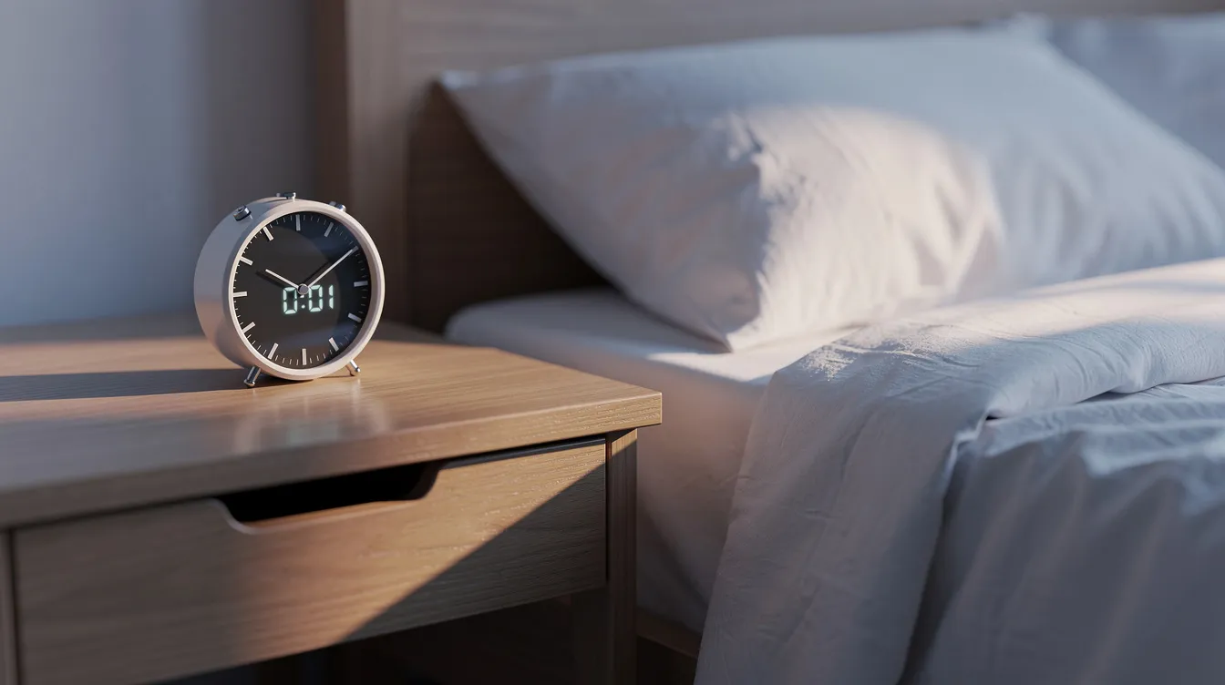 An alarm clock sits on a wooden nightstand beside a bed with white sheets, illuminated by soft early morning light. This serene scene symbolizes the importance of establishing a consistent sleep schedule to combat chronic insomnia and improve sleep quality.