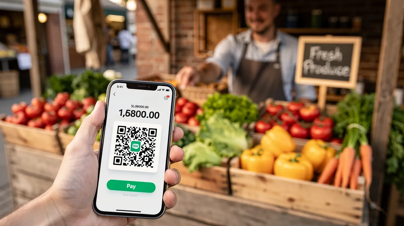 A smartphone is shown displaying a QR code for payment at a small market stall filled with fresh produce, highlighting the convenience of digital wallet apps for everyday payments in Sri Lanka. This scene illustrates the growing trend of mobile payments and digital adoption among local consumers and merchants.