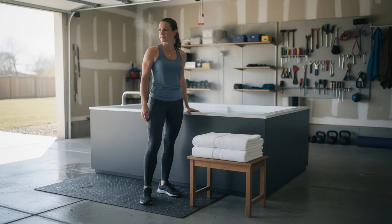 A person stands next to a cold plunge tub in a home garage, with towels nearby, preparing for cold water immersion. The scene suggests a wellness routine focused on the benefits of cold therapy, highlighting the initial shock and mental resilience associated with the first cold plunge experience.