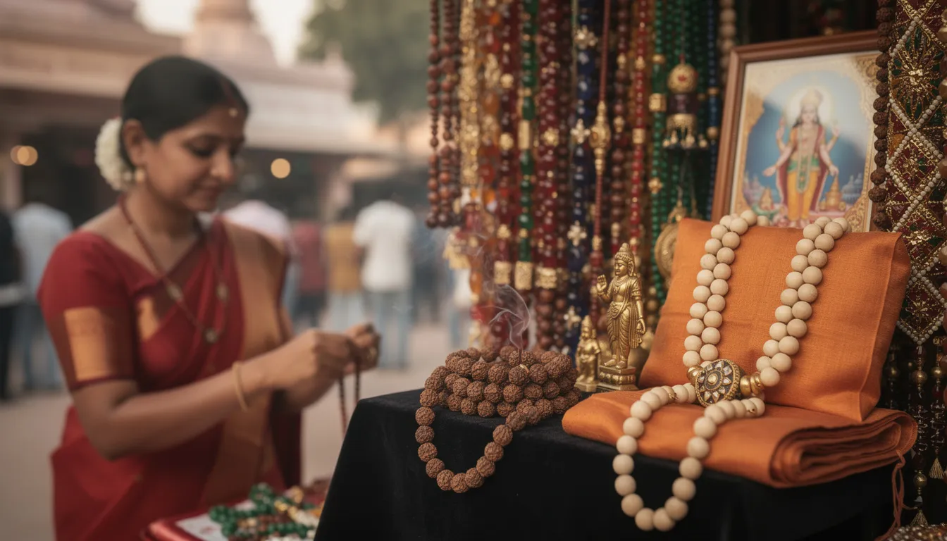 The image showcases a collection of traditional Indian bead necklaces, featuring intricate designs and vibrant colors that reflect the rich cultural significance of these ornaments. Each beaded necklace is elegantly crafted, with some adorned with matching earrings, showcasing floral motifs and adding a touch of sophistication to any outfit.
