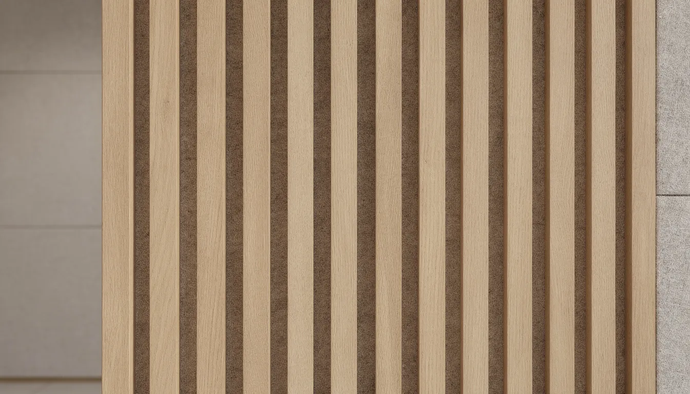 Close-up van beige akoestische wandpanelen met verticale houten latjes, waarbij de textuur van de viltachtergrond goed zichtbaar is. Deze wandpanelen geven een luxe en elegante uitstraling aan de ruimte, en zijn geschikt voor verschillende interieurstijlen.