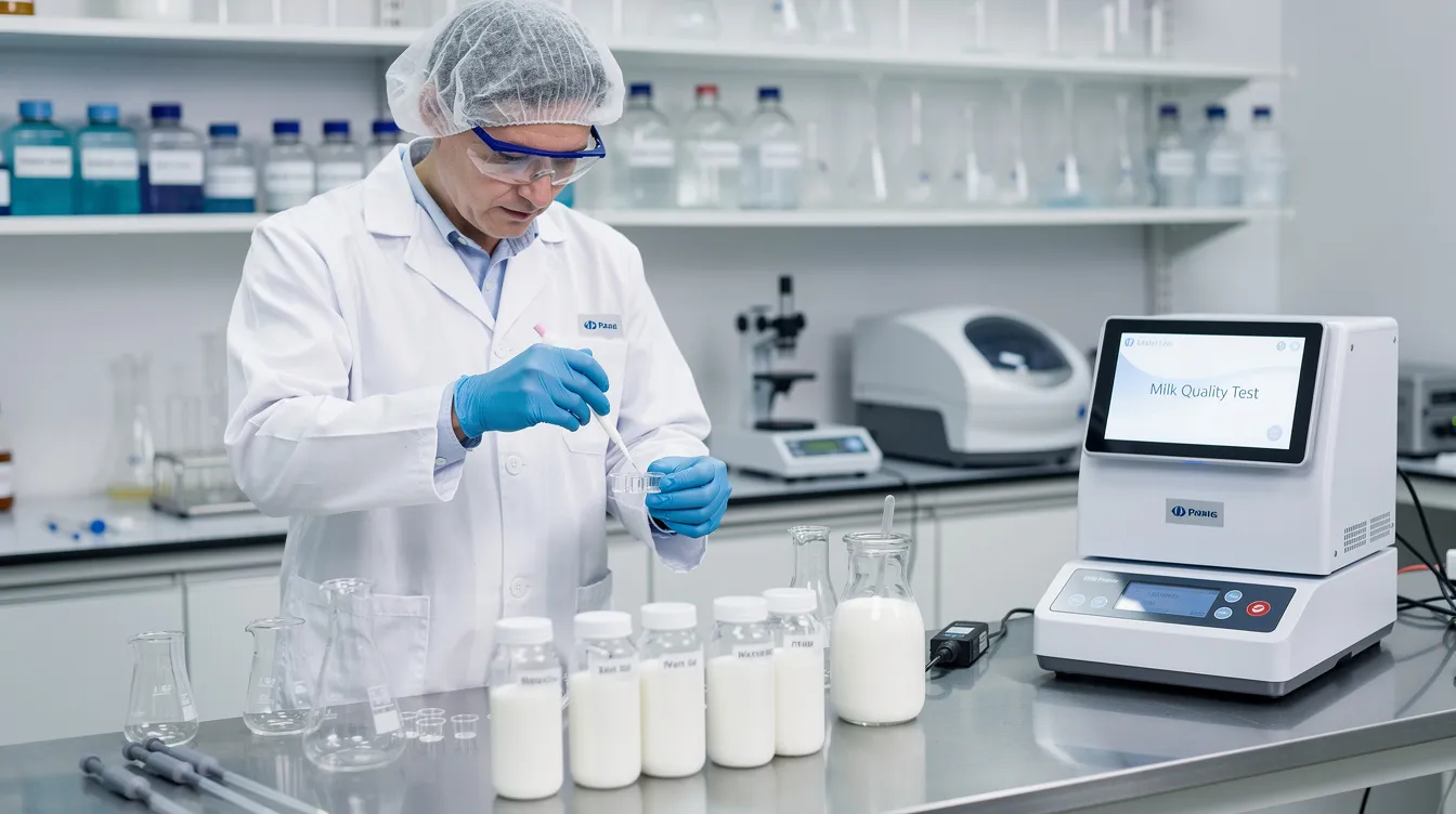 e9403b92 cf0e 43fc bf4b b7b4b5141f38 A laboratory technician is conducting milk quality testing using advanced analytical instruments, focusing on parameters such as milk fat and protein content to ensure compliance with food safety standards for raw milk and dairy products. This meticulous process plays a crucial role in maintaining the overall quality and safety of milk and its derivatives in the dairy industry.