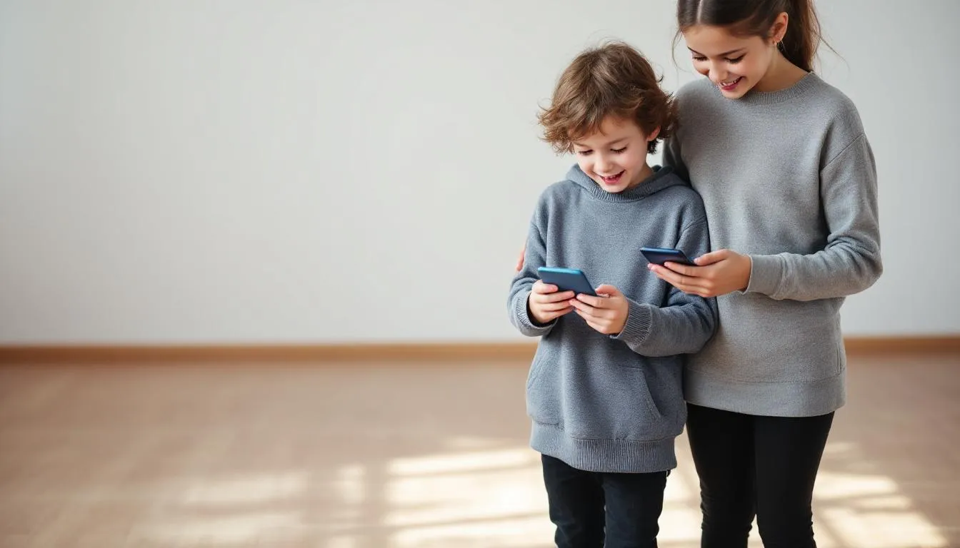 In the image, a group of children is gathered together, each holding a smartphone while engaging with social media. They appear focused and curious, highlighting the role of technology in their lives, as they navigate through various information, including news and potential misinformation.