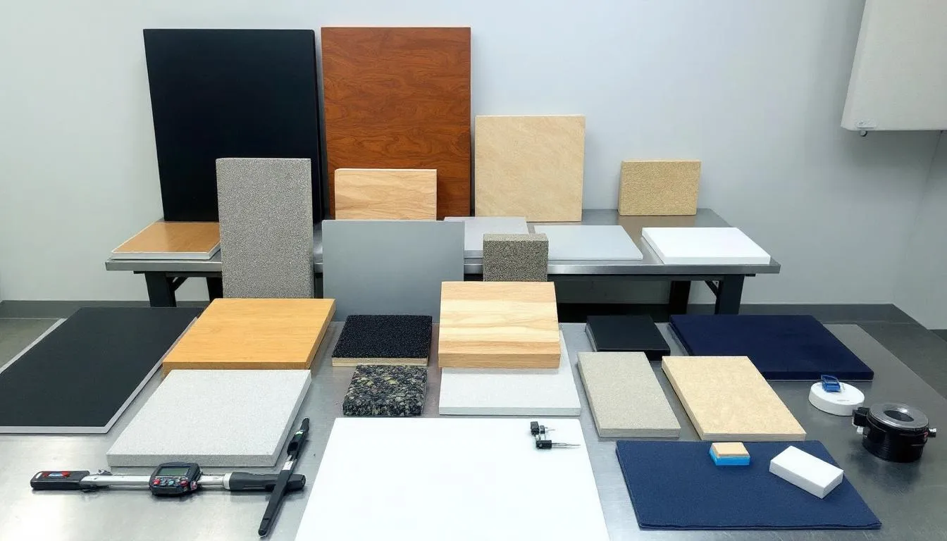 The image depicts a testing setup for temperament tests, featuring various surfaces and props designed to evaluate a dog