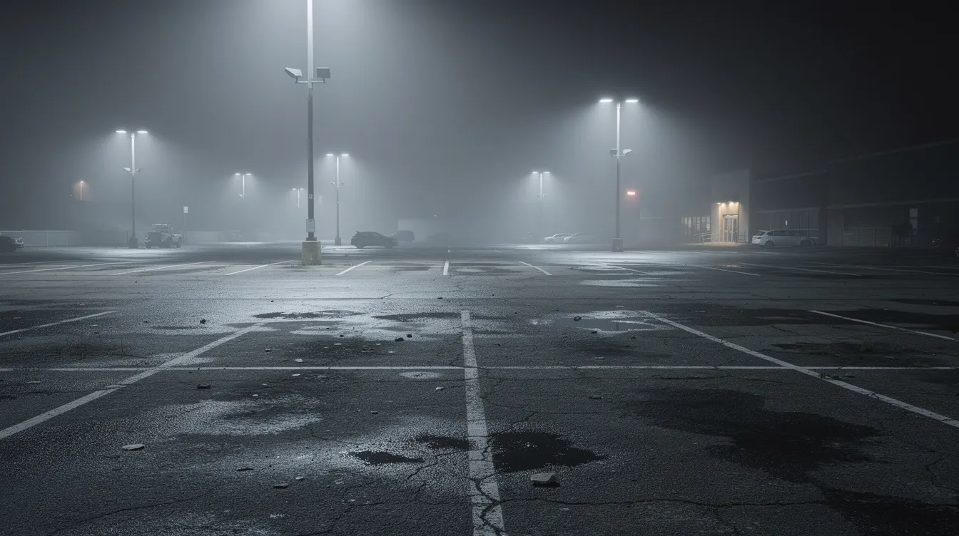 The image depicts a dimly lit commercial parking lot at night, where several overhead lights are either off or broken, creating an atmosphere of inadequate security. This scene highlights the potential risks associated with negligent security, as the property owner's failure to provide adequate lighting and safety measures could lead to personal injury claims or other security incidents.