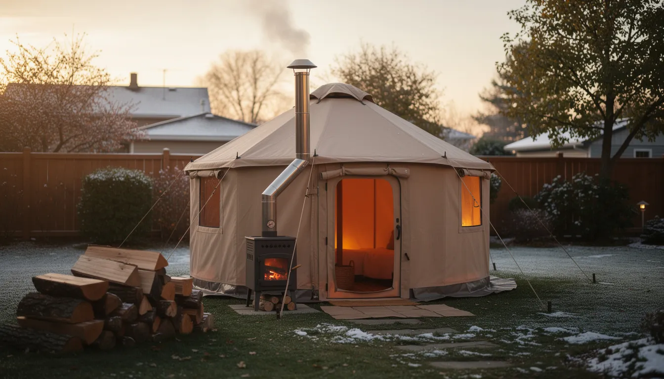 An outdoor wood-burning sauna tent is set up in a backyard, with smoke gently rising from the chimney, creating a cozy atmosphere for relaxation. This portable sauna offers a unique sauna experience, ideal for heat therapy and improving cardiovascular health, as it provides a warm environment for enjoyable sauna sessions.