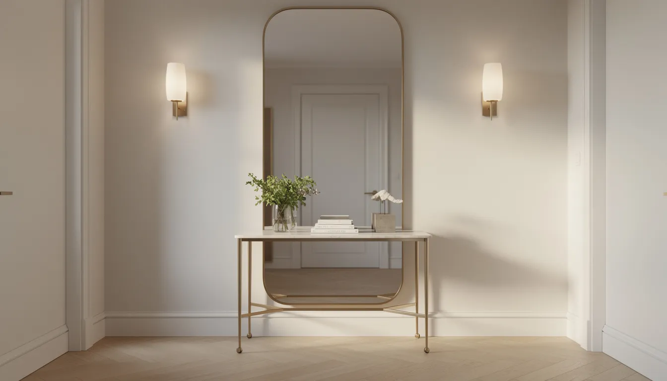En elegant hall med en stor spegel som reflekterar rummet, ett stilrent konsolbord i snygg design och vacker belysning som skapar en lyxig känsla. Inredningen visar på en harmonisk kombination av material och detaljer som ger en inbjudande atmosfär i hemmet.