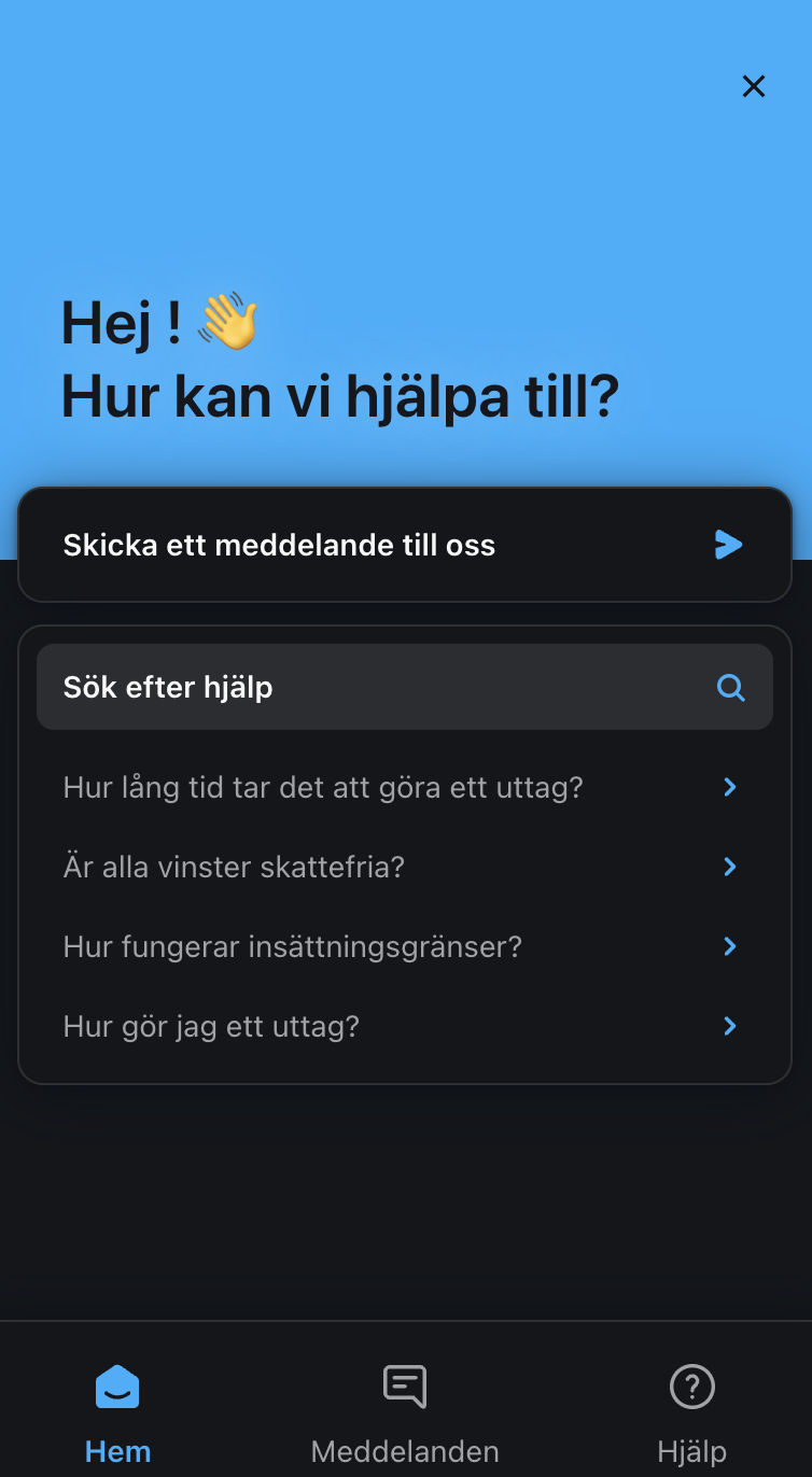 Kundtjänst och support hos Wunderino Casino med hjälpsektion, AI-chatt och vanliga frågor om uttag och insättningar.