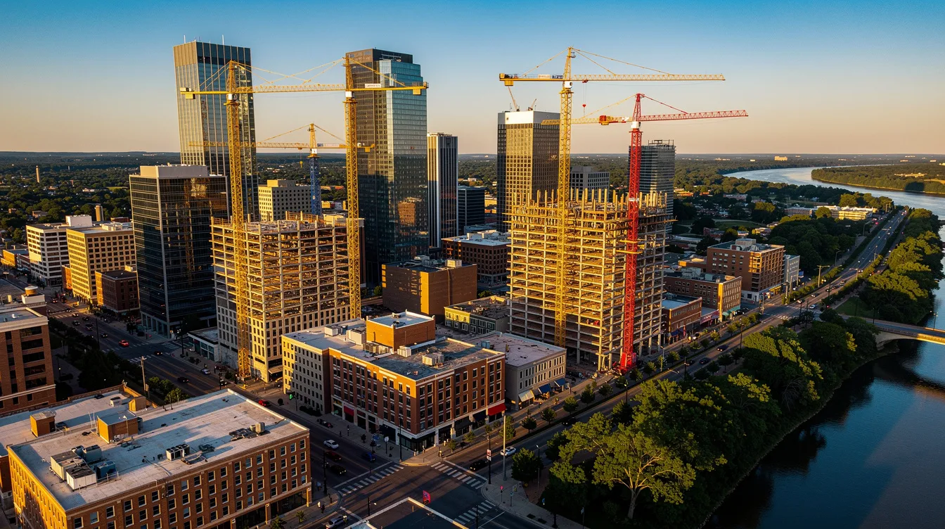 An aerial view captures the skyline of a growing Tennessee city, showcasing multiple construction cranes against a clear sky, indicative of ongoing construction projects. This bustling scene reflects the active construction industry, emphasizing the importance of accurate cost estimation and project management for future projects and successful outcomes.