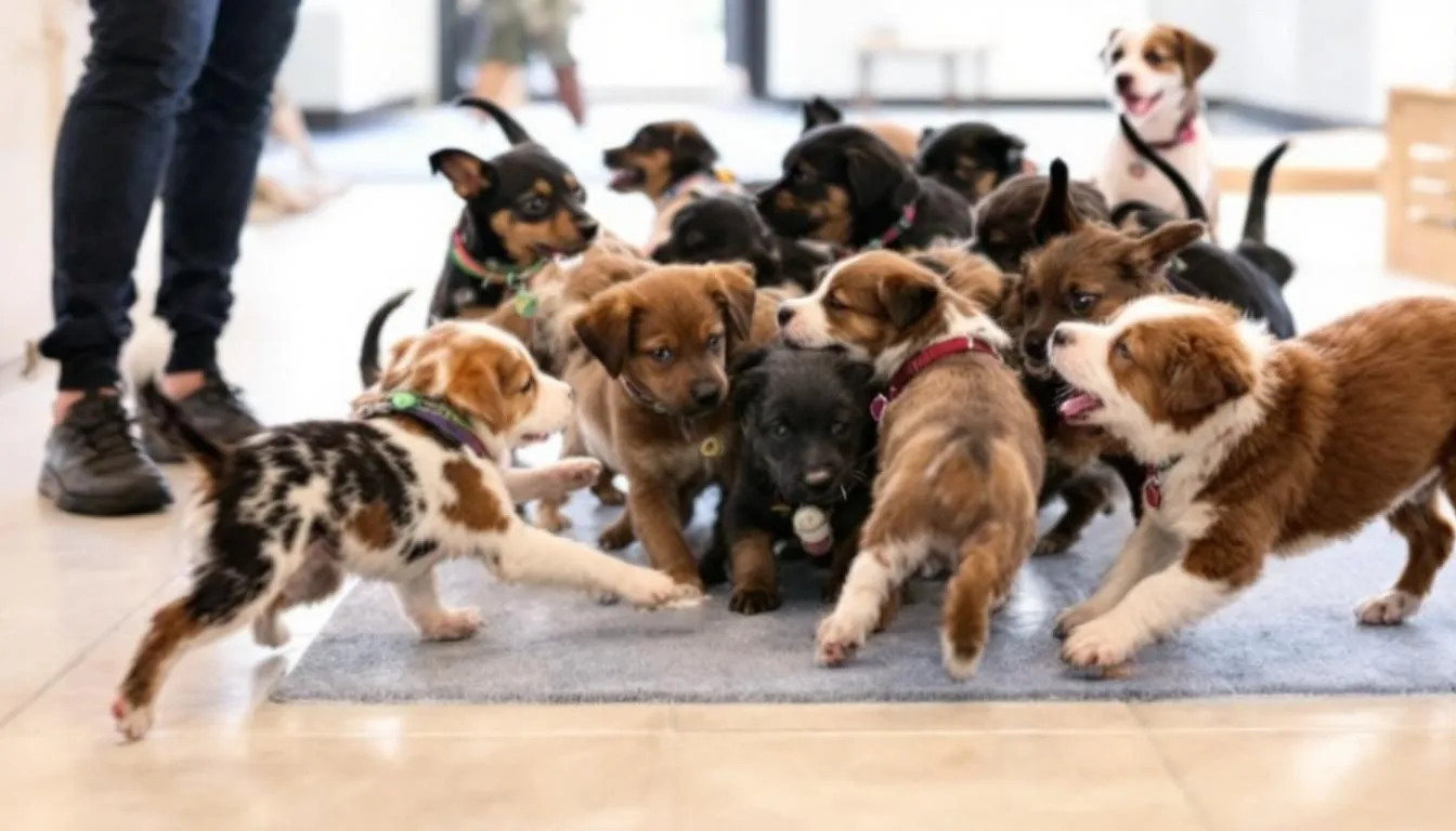 In a supervised puppy class setting, a group of playful young puppies are interacting with each other, showcasing their energy and curiosity as they engage in training sessions. This positive experience helps them learn basic commands and socialize with other dogs in a safe environment.