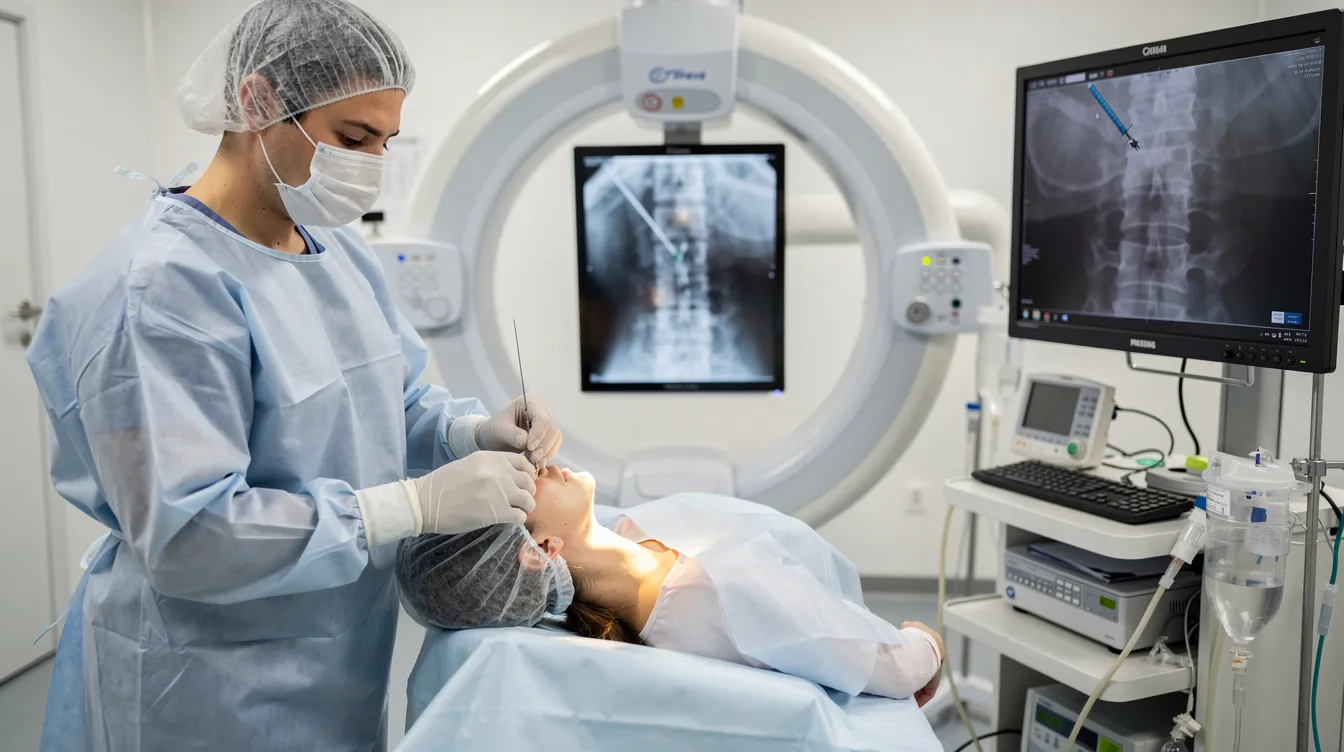 A healthcare professional is seen in a procedure room using fluoroscopic imaging equipment to guide a cervical spine injection on a patient, aimed at treating severe neck pain and relieving discomfort caused by conditions such as herniated discs or muscle strain. The professional ensures precise placement to help alleviate chronic neck pain and improve the patient's overall neck health.