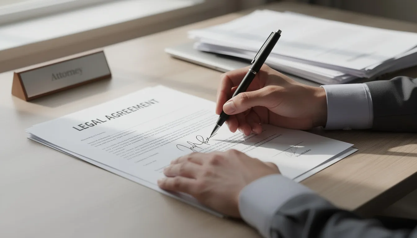 A person is seated at a desk, signing legal documents with a pen, likely related to estate planning. This major life event may involve discussions about protecting assets and providing for loved ones, ensuring peace of mind for the future.