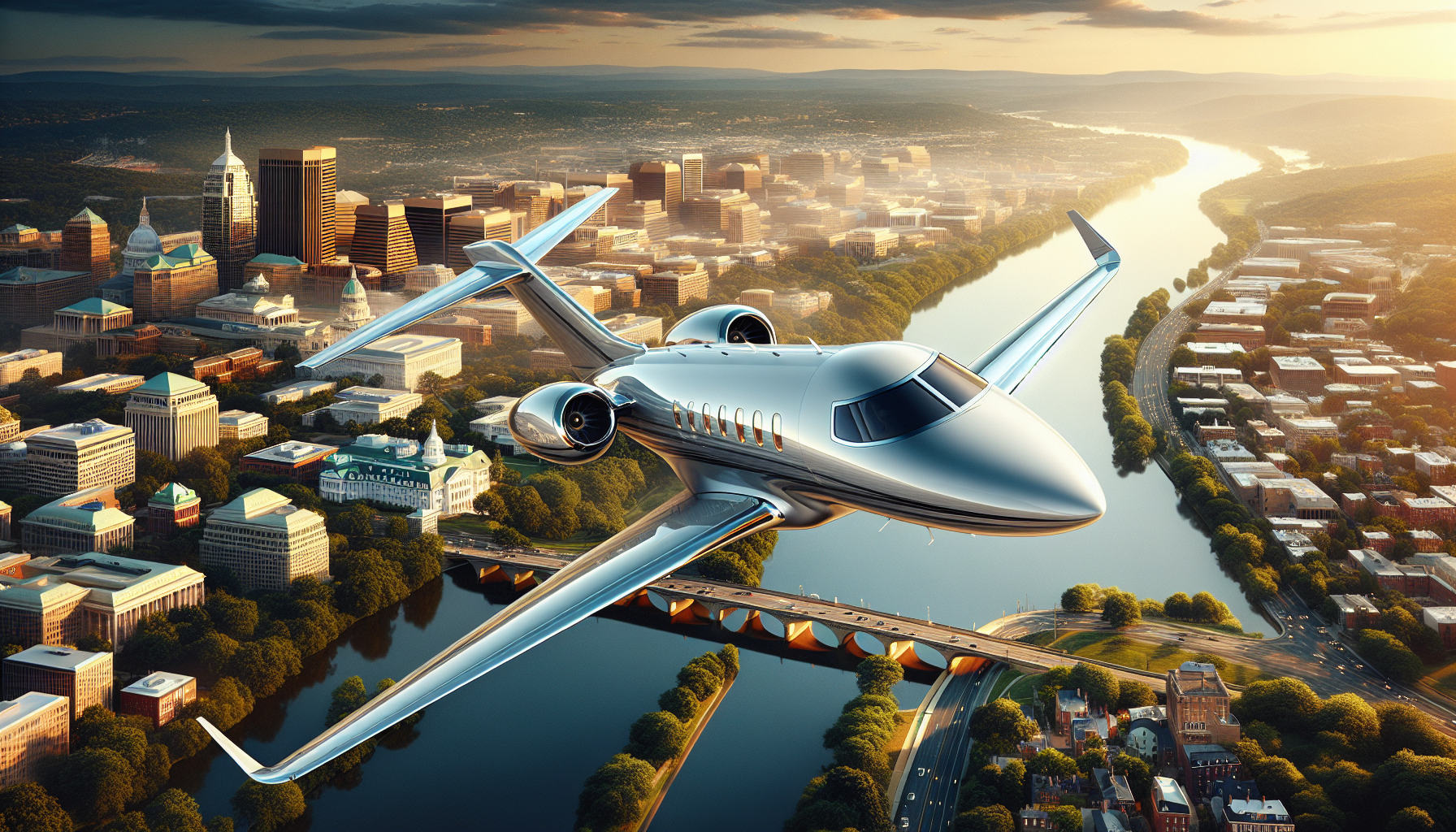 Illustration of a private jet flying over Alexandria Virginia