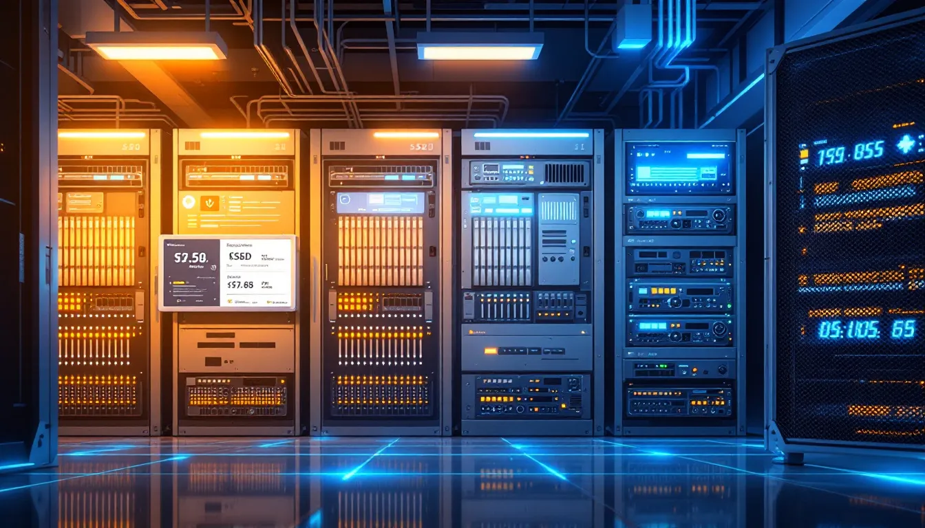 A modern web server is depicted, featuring SSD storage and high-performance components, designed to enhance site speed for WordPress websites and WooCommerce stores. This setup optimizes server resources, ensuring efficient database queries and improved performance for online stores.