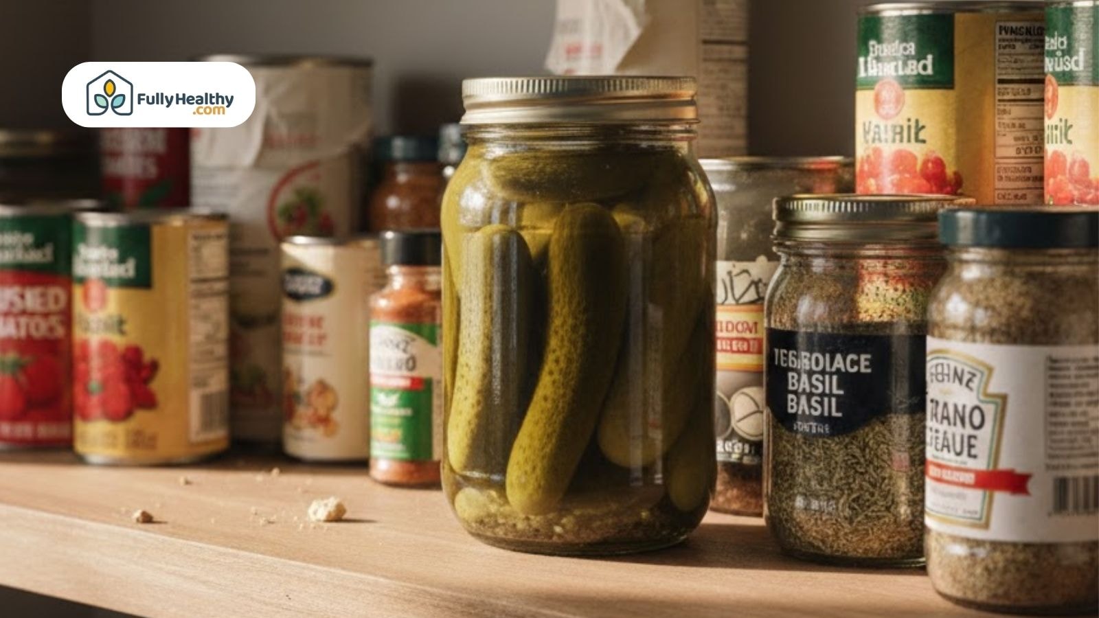 Sealed jar of shelf stable pickles stored in a pantry alongside canned foods and spices.