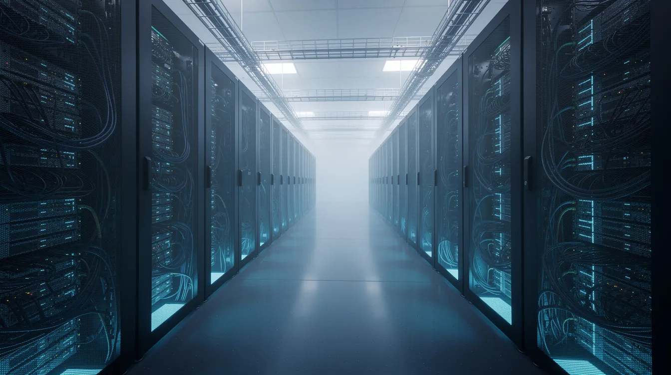 Imagen de un moderno centro de datos que muestra racks de servidores iluminados en tonos azules, simbolizando la conexión y la gestión de información digital, ideal para el funcionamiento de un sitio web y la administración de bases de datos. Este entorno tecnológico resalta la importancia de la configuración y la seguridad en la instalación de WordPress.