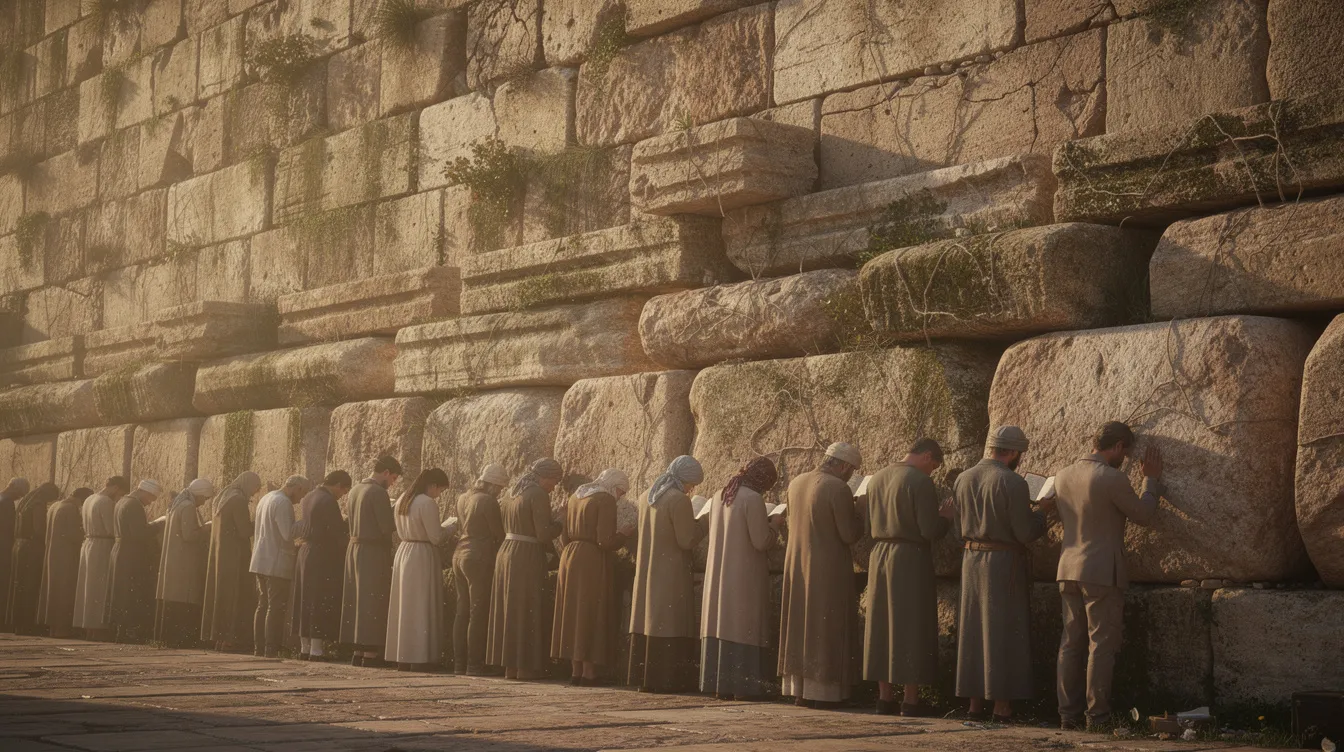 A group of people stands in prayer at the base of a towering ancient stone wall, reminiscent of the sacred space of the Jerusalem temple. This scene reflects Jewish religious life and tradition, evoking the historical significance of the temple complex during the second temple period.