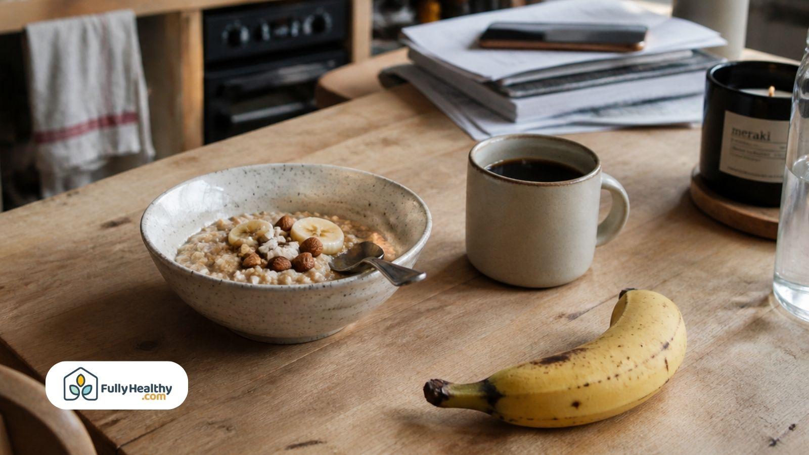 Bowl of oatmeal topped with banana slices and nuts beside coffee on a wooden breakfast table.